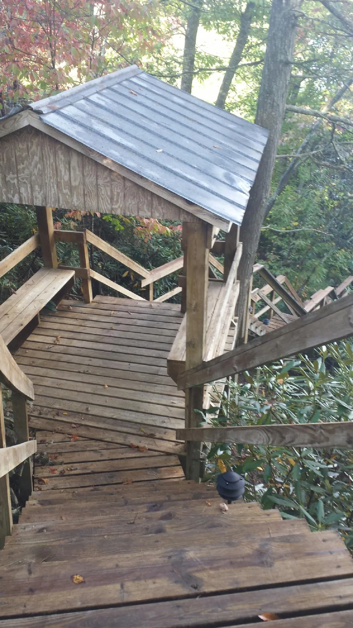 Metal roofed shelter over wooden steps on a wooded walkway — Skylight Repair & Installation work by our crew in Palo